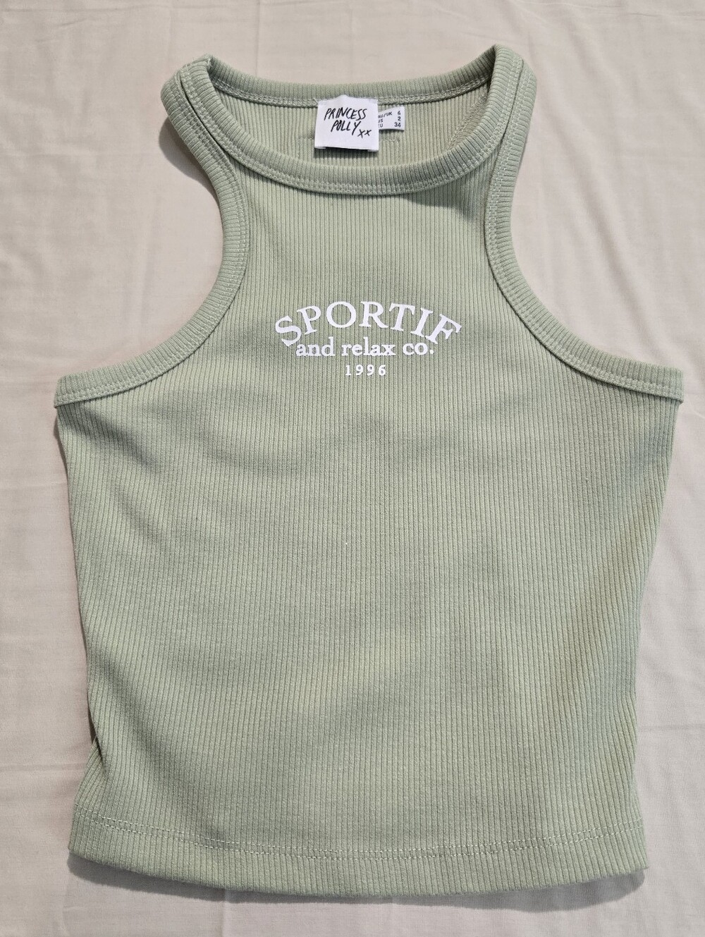 Princess Polly Light Sage Ribbed Racerback Tank with White Logo Cropped Sz 2